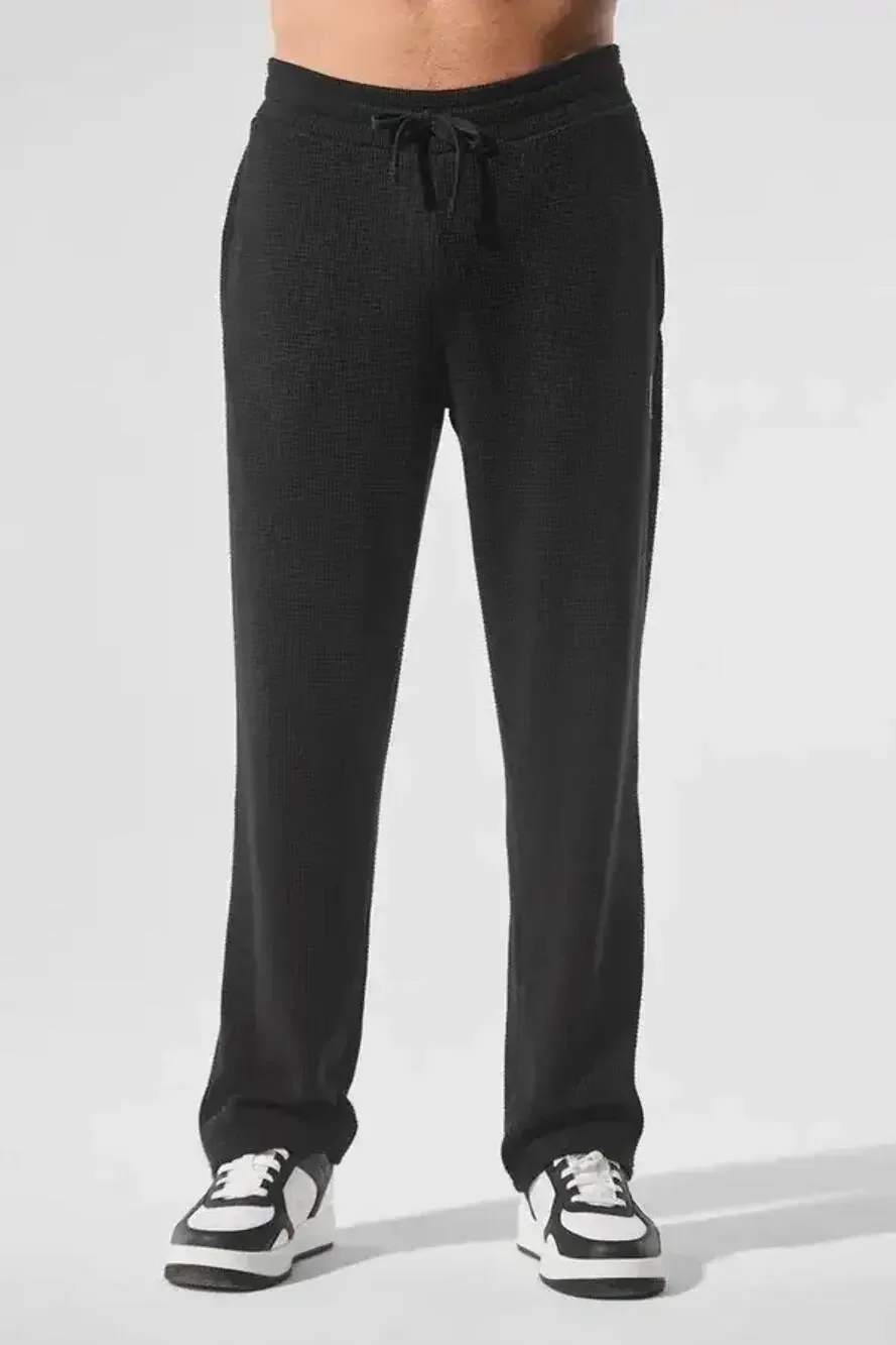 ALO | Black Elevate Waffle Knit Straight Leg Pant Casual Loungewear Athlesuire